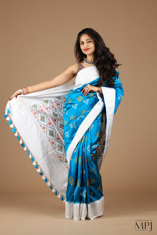 Cobalt Blue Handloom Silk Single Ikkat Pochampally Saree with Stitched Blouse