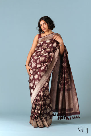 Coffee Brown Jaal Pure Katan Silk Banarasi Saree