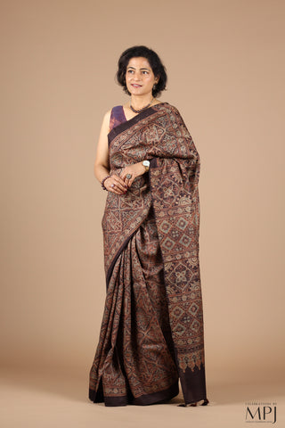 Coffee Brown Ajrakh Handloom Pure Silk Saree