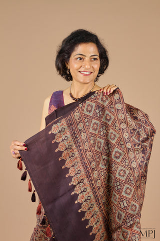 Coffee Brown Ajrakh Handloom Pure Silk Saree