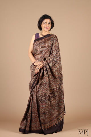 Coffee Brown Ajrakh Handloom Pure Silk Saree