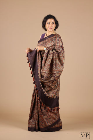 Coffee Brown Ajrakh Handloom Pure Silk Saree