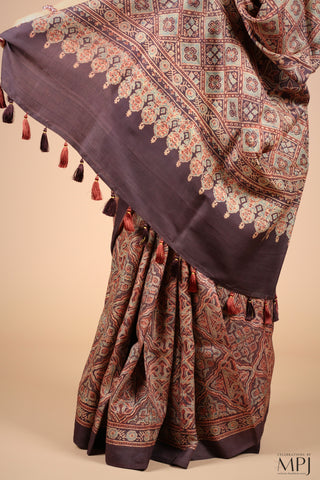 Coffee Brown Ajrakh Handloom Pure Silk Saree