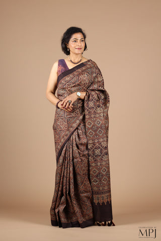 Coffee Brown Ajrakh Handloom Pure Silk Saree