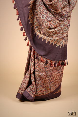 Coffee Brown Ajrakh Handloom Pure Silk Saree