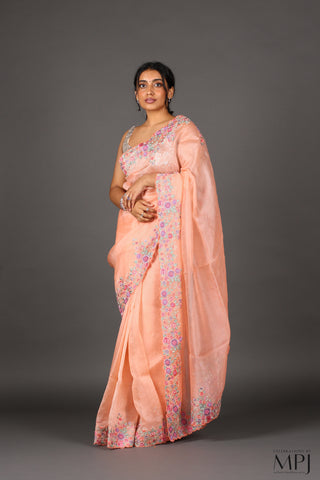 Peach Embroidered Organza Silk Saree