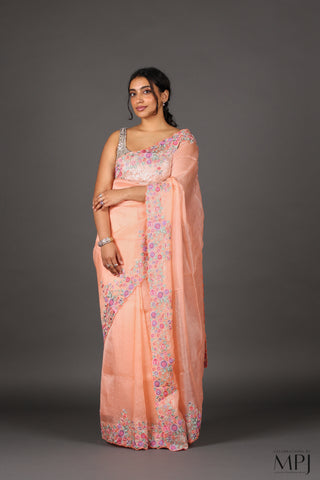 Peach Embroidered Organza Silk Saree