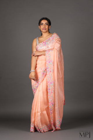 Peach Embroidered Organza Silk Saree