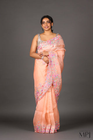 Peach Embroidered Organza Silk Saree