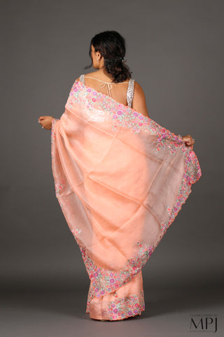 Peach Embroidered Organza Silk Saree