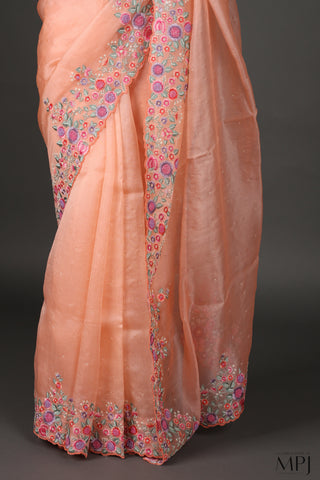 Peach Embroidered Organza Silk Saree