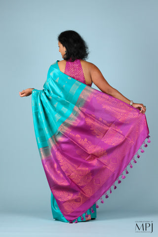 Cyan Blue Magenta Soft Silk Kanjivaram