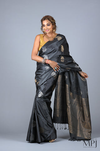 Deep Gray Handloom Soft Silk Kanjivaram with Stitched Blouse