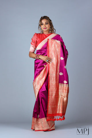 Deep Magenta Pink Handloom Katan Silk Kadhua Banarasi
