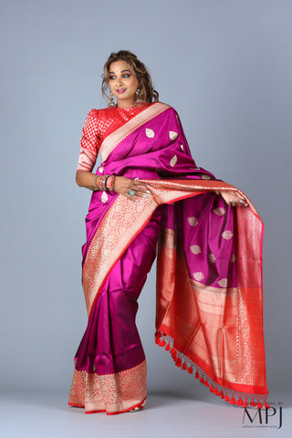 Deep Magenta Pink Handloom Katan Silk Kadhua Banarasi