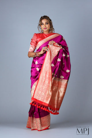 Deep Magenta Pink Handloom Katan Silk Kadhua Banarasi