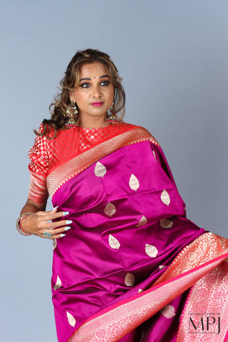 Deep Magenta Pink Handloom Katan Silk Kadhua Banarasi