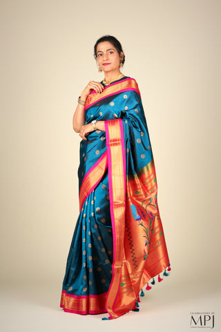 Deep Cobalt Blue  Pure Silk Kadiyal Paithani Saree