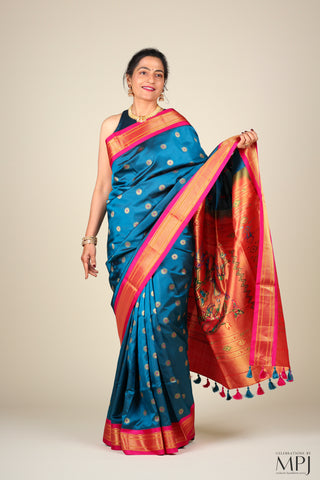 Deep Cobalt Blue  Pure Silk Kadiyal Paithani Saree