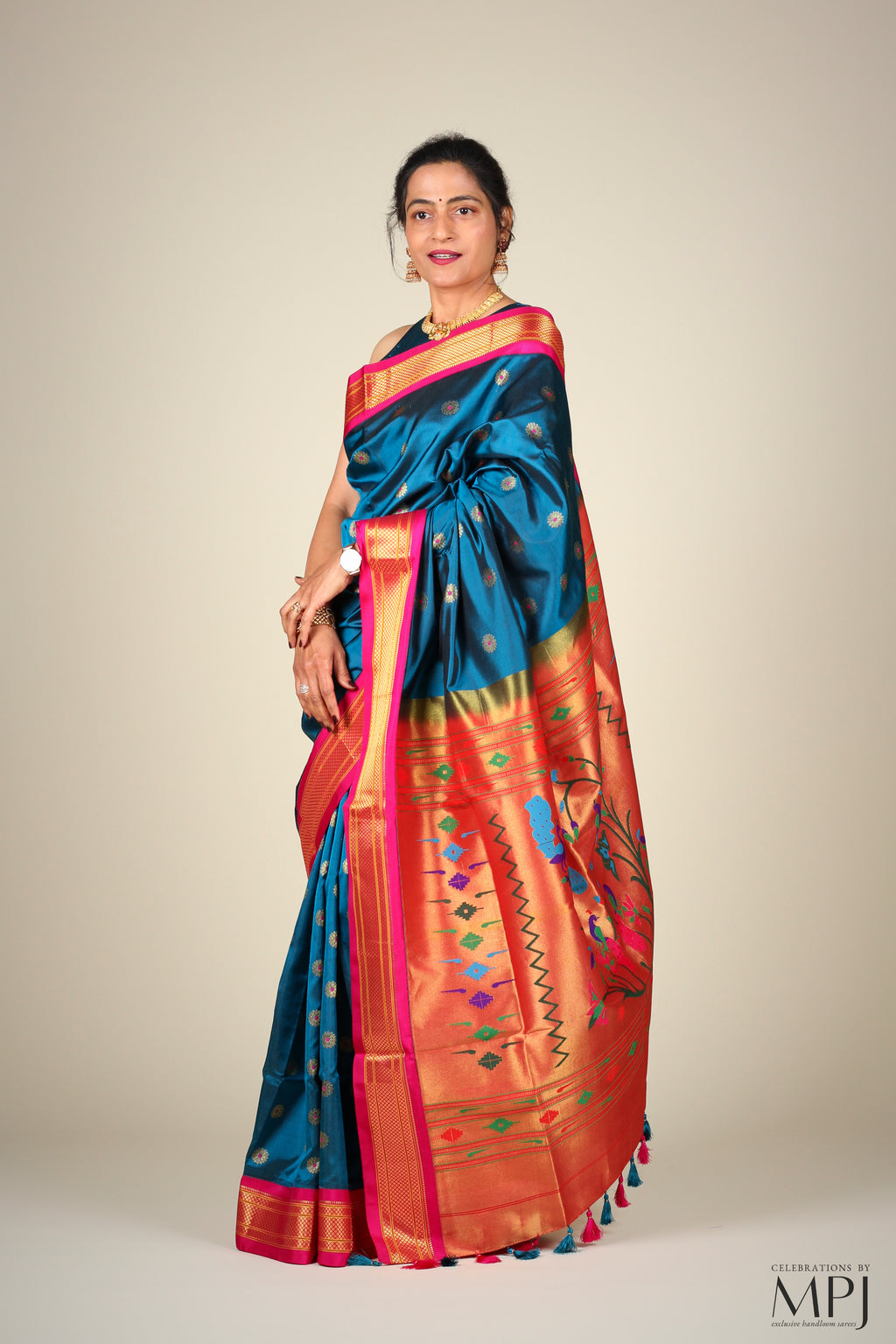 Deep Cobalt Blue Pure Silk Kadiyal Paithani Saree – Celebrations by MPJ