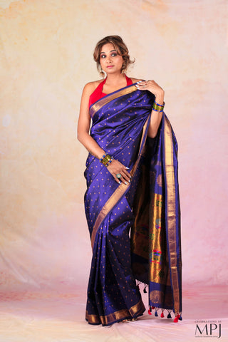 Deep Indigo Blue Handloom Pure Silk Kalanjali Paithani Saree