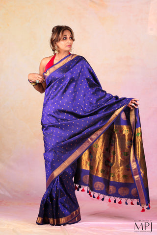 Deep Indigo Blue Handloom Pure Silk Kalanjali Paithani Saree