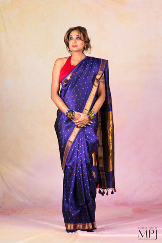 Deep Indigo Blue Handloom Pure Silk Kalanjali Paithani Saree