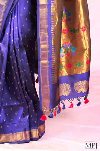 Deep Indigo Blue Handloom Pure Silk Kalanjali Paithani Saree