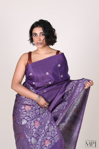 Deep Lavender Kanjivaram Soft Silk Saree with Stitched Blouse