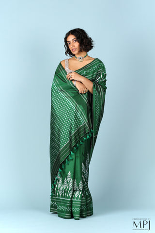 Forest Green Handloom Silk Single Ikkat Pochampally Saree