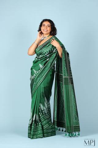 Forest Green Handloom Silk Single Ikkat Pochampally Saree