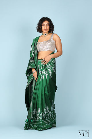 Forest Green Handloom Silk Single Ikkat Pochampally Saree