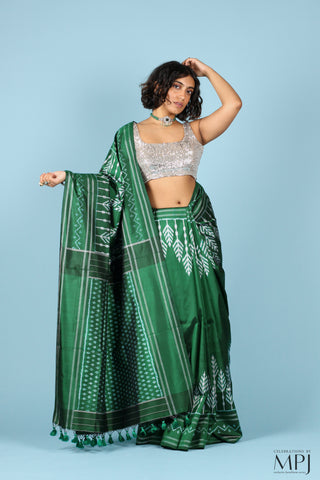 Forest Green Handloom Silk Single Ikkat Pochampally Saree