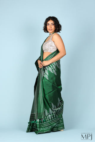 Forest Green Handloom Silk Single Ikkat Pochampally Saree