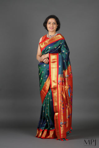 Peacock Blue Pure Silk Kadiyal Paithani Saree