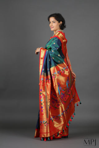 Peacock Blue Pure Silk Kadiyal Paithani Saree