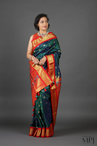 Peacock Blue Pure Silk Kadiyal Paithani Saree