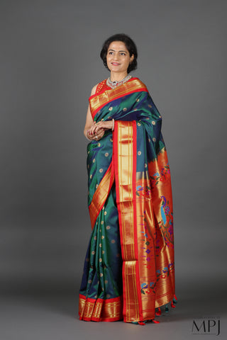 Peacock Blue Pure Silk Kadiyal Paithani Saree