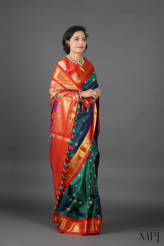 Peacock Blue Pure Silk Kadiyal Paithani Saree