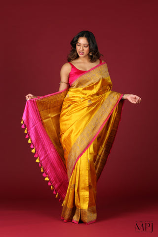 Golden Yellow Handloom Raw Dupion Silk Banarasi Saree with Stitched Blouse