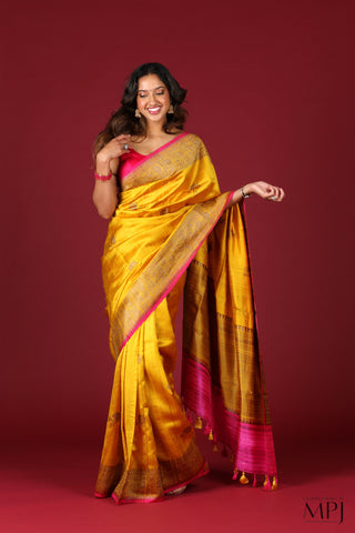 Golden Yellow Handloom Raw Dupion Silk Banarasi Saree with Stitched Blouse