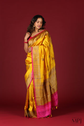 Golden Yellow Handloom Raw Dupion Silk Banarasi Saree with Stitched Blouse