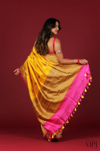 Golden Yellow Handloom Raw Dupion Silk Banarasi Saree with Stitched Blouse