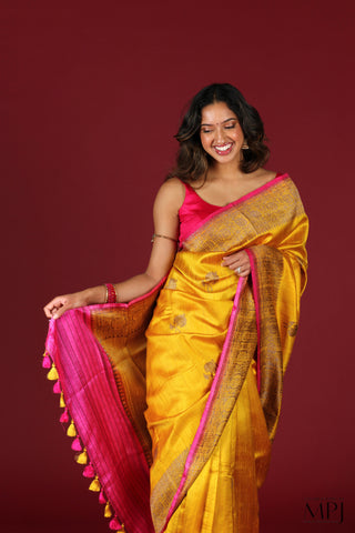 Golden Yellow Handloom Raw Dupion Silk Banarasi Saree with Stitched Blouse