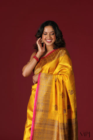 Golden Yellow Handloom Raw Dupion Silk Banarasi Saree with Stitched Blouse