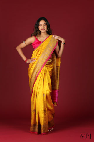 Golden Yellow Handloom Raw Dupion Silk Banarasi Saree with Stitched Blouse