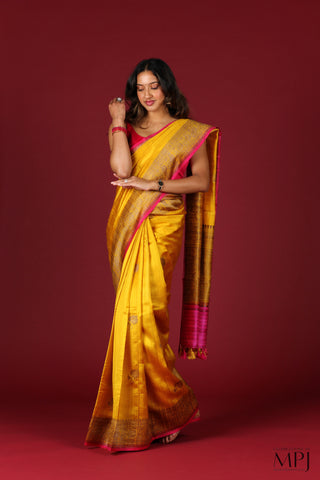 Golden Yellow Handloom Raw Dupion Silk Banarasi Saree with Stitched Blouse