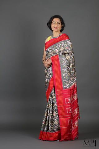 Grey Red Handloom Silk Single Ikkat Pochampally Saree with Stitched Blouse