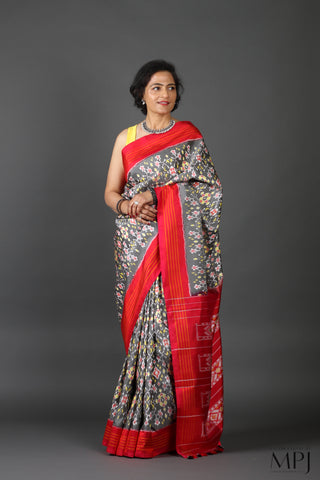 Grey Red Handloom Silk Single Ikkat Pochampally Saree with Stitched Blouse