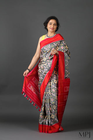 Grey Red Handloom Silk Single Ikkat Pochampally Saree with Stitched Blouse